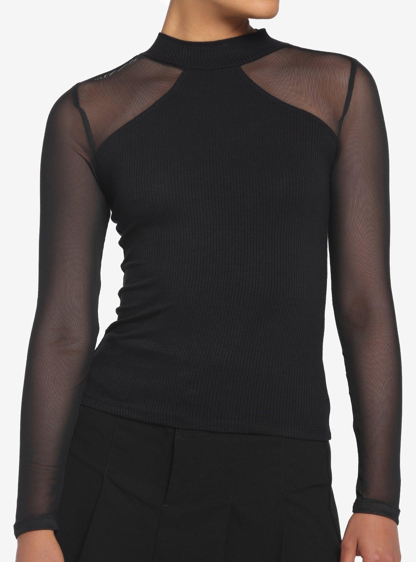 Black Mock Neck Mesh Girls Long-Sleeve Top, BLACK, hi-res