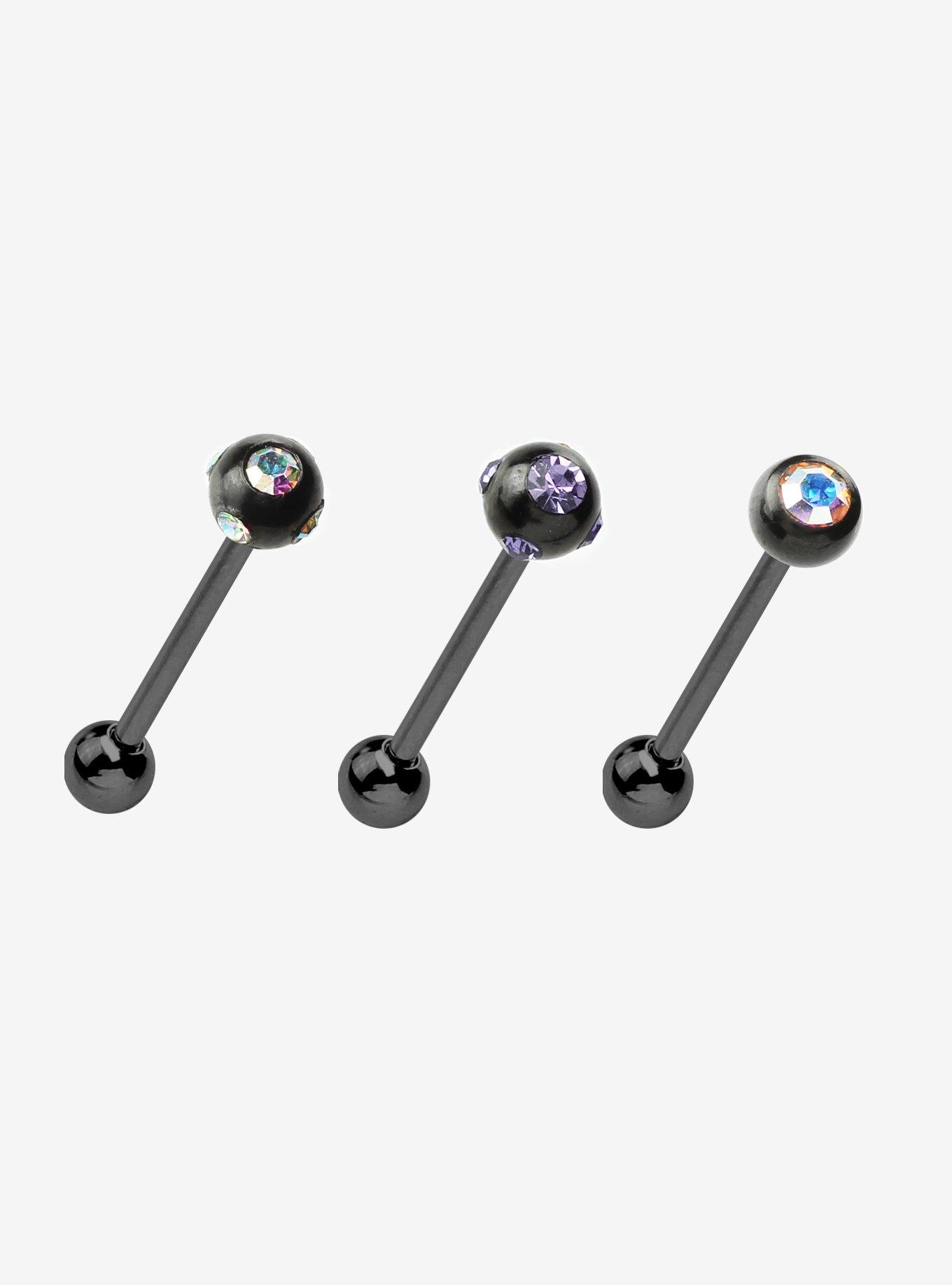 14G Steel Black Gem Tongue Barbell 3 Pack, , hi-res