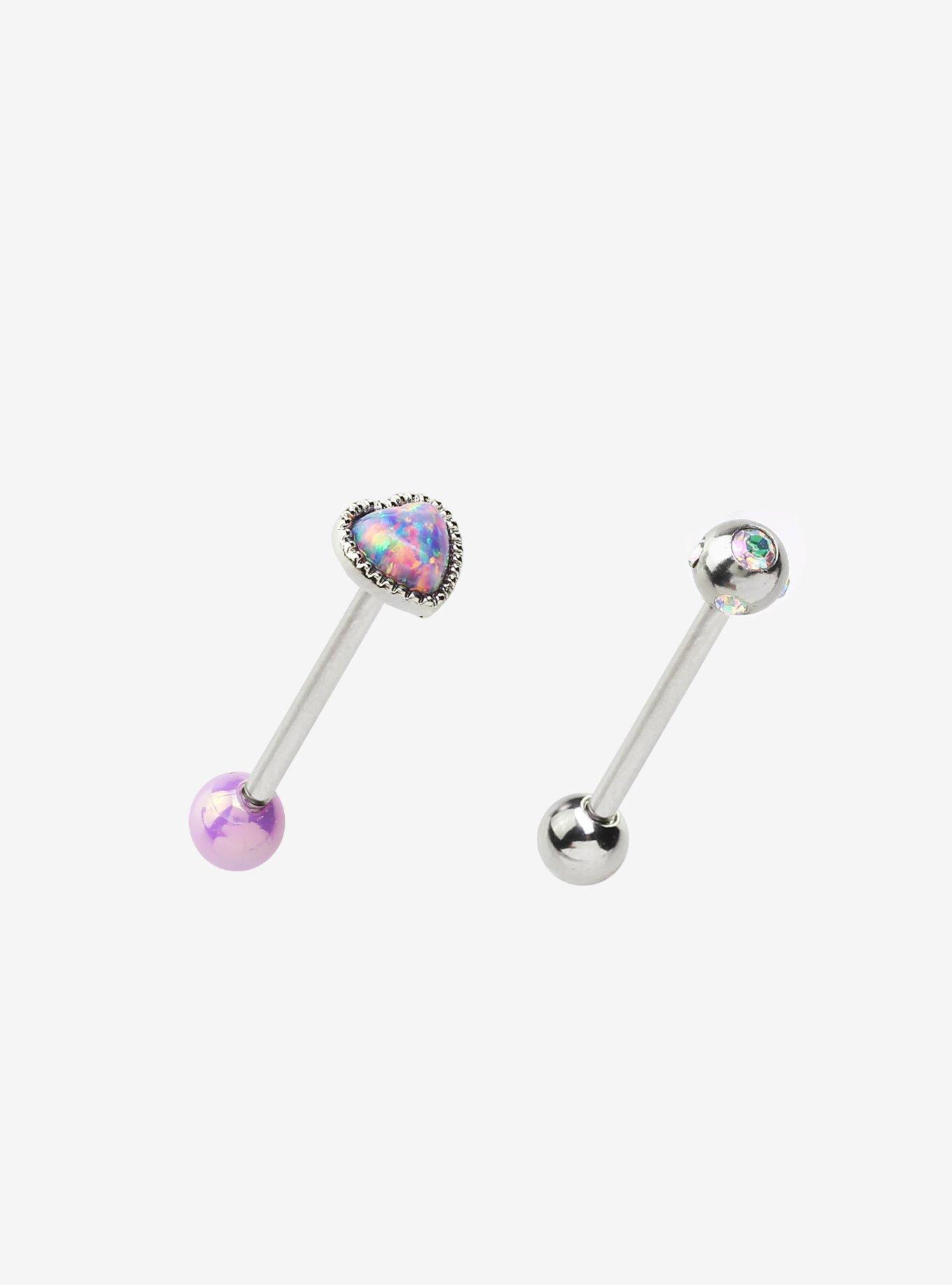 14G Steel Silver Heart Opal Tongue Barbell 2 Pack, , hi-res
