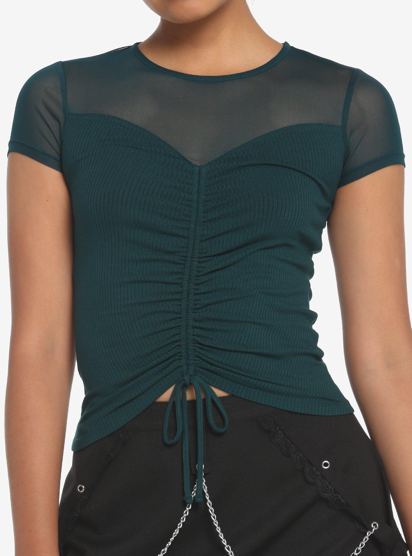 Teal Ruched Mesh Girls Top, TEAL, hi-res