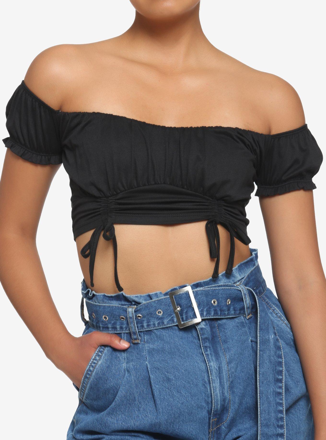 Black Ruched Off-The-Shoulder Girls Crop Top, BLACK, hi-res