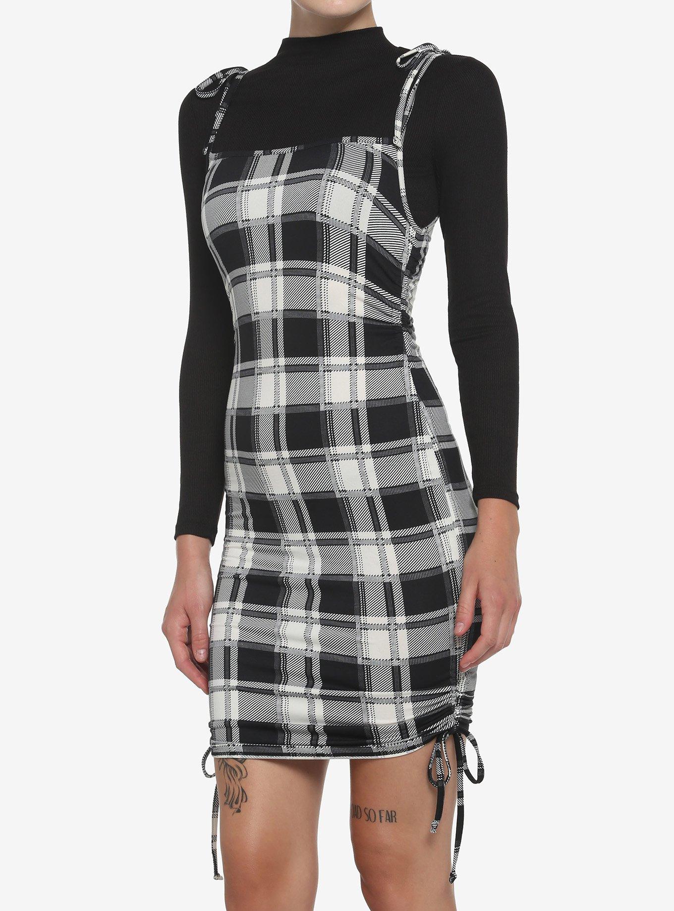 Black & White Plaid Twofer Long-Sleeve Dress, , hi-res