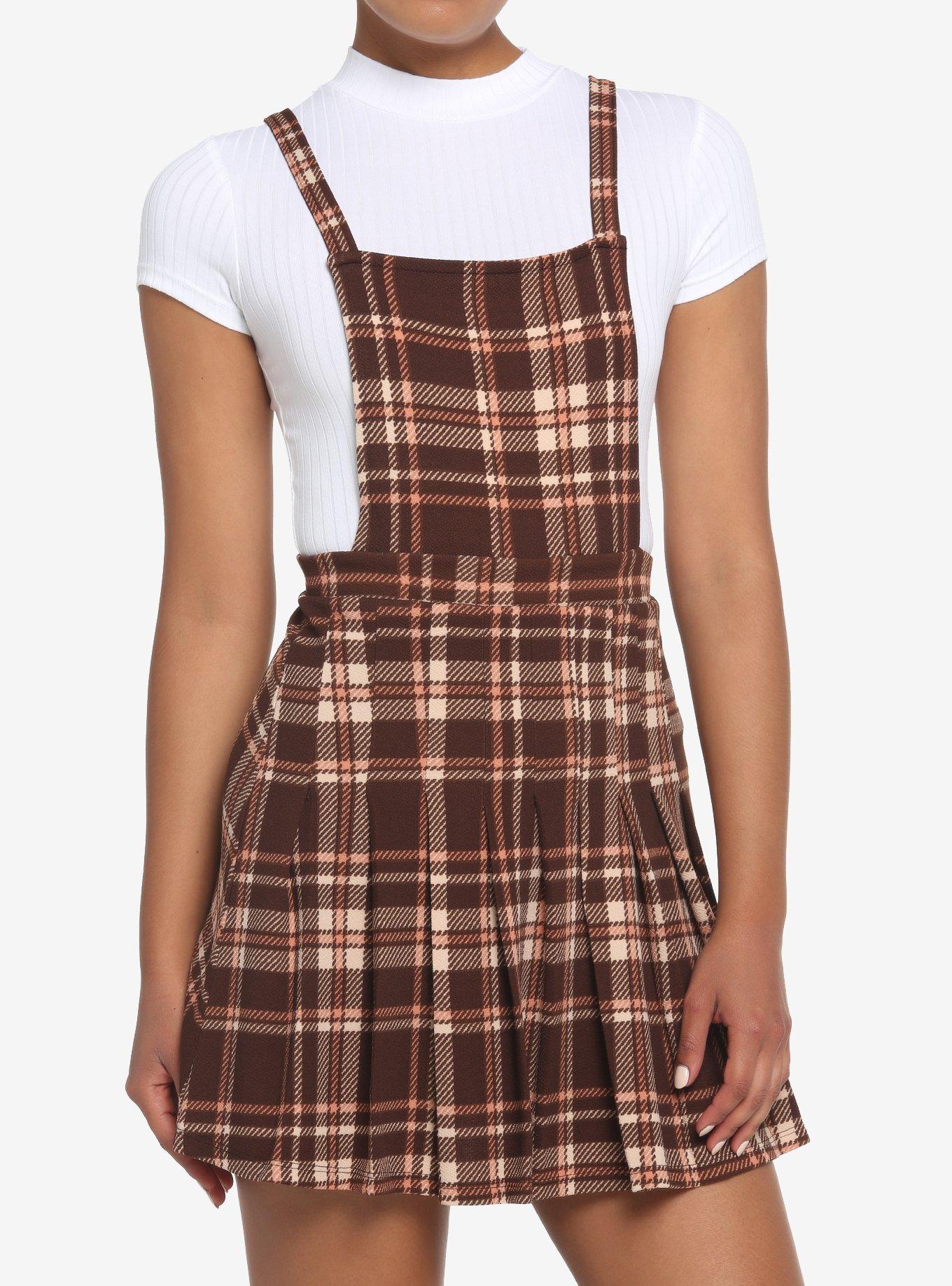 Brown Plaid Twofer Skirtall, , hi-res