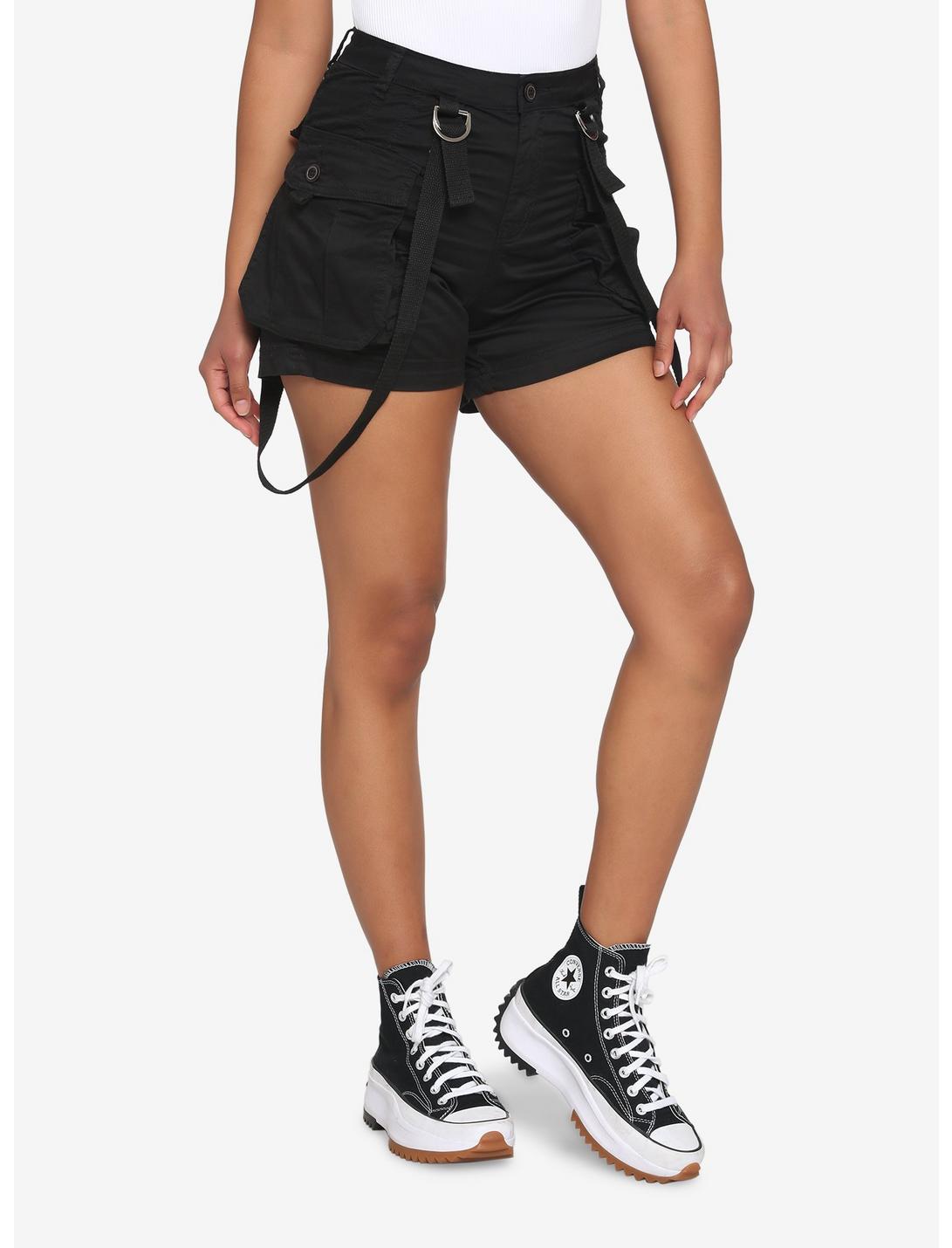 Black Suspender Cargo Shorts, BLACK, hi-res