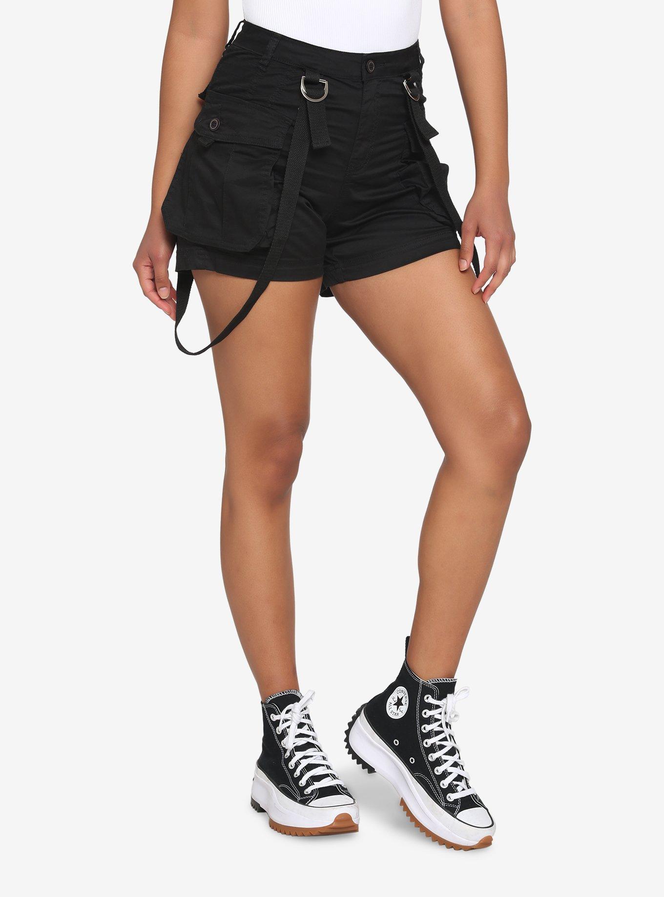 Black Suspender Cargo Shorts, BLACK, hi-res