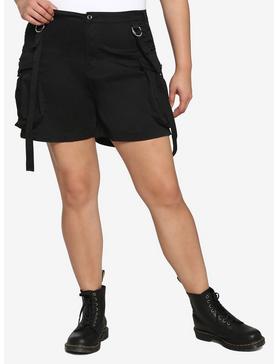 Black Suspender Strap Cargo Shorts Plus Size, , hi-res