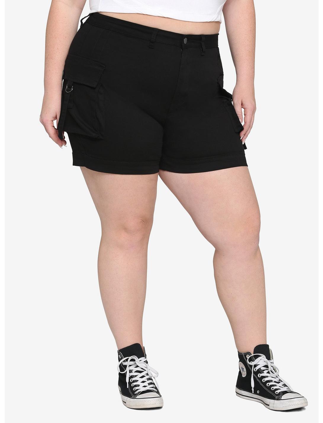 Black Cargo Pocket Shorts Plus Size, BLACK, hi-res