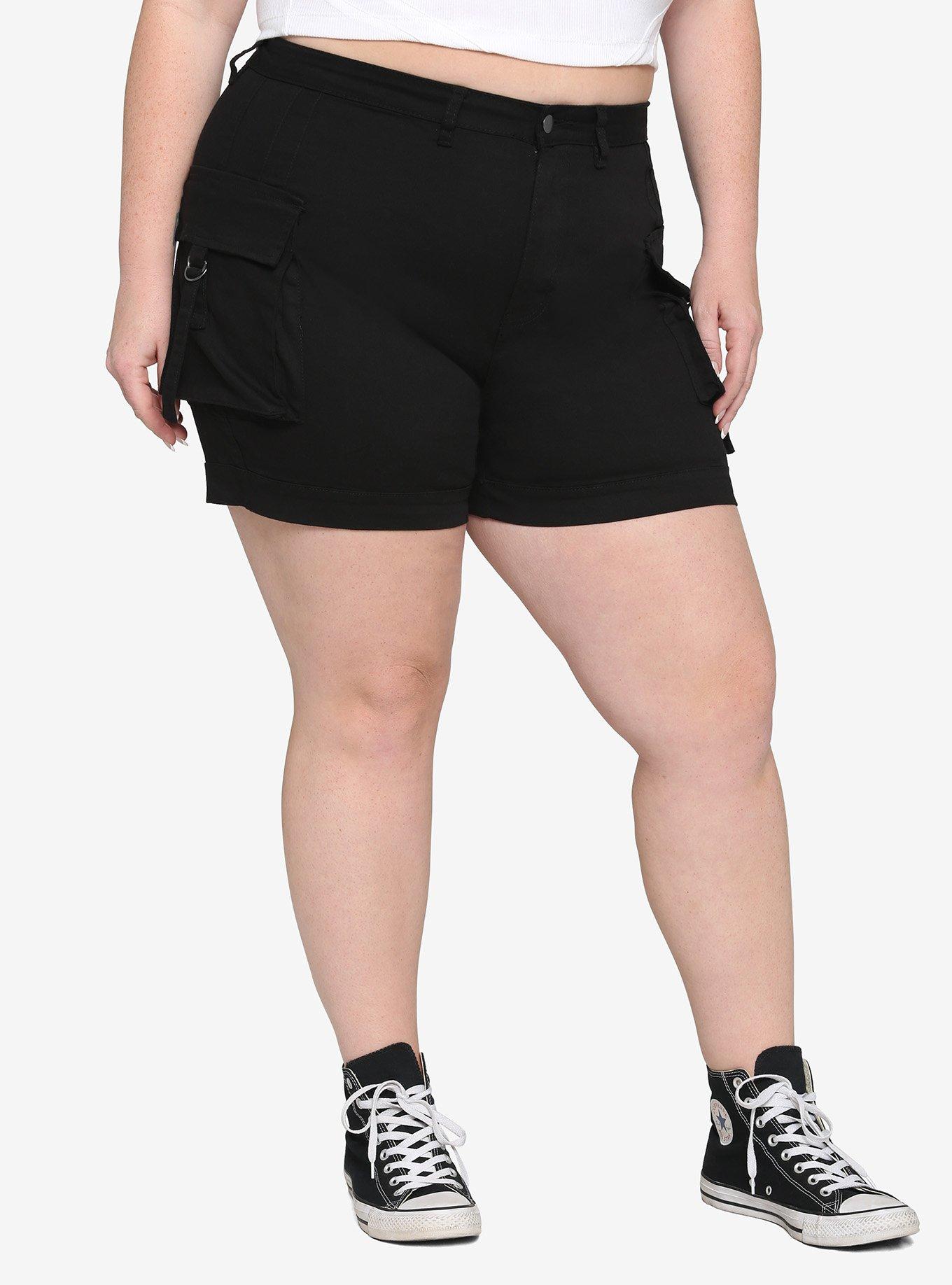 Black Cargo Pocket Shorts Plus Size, BLACK, hi-res
