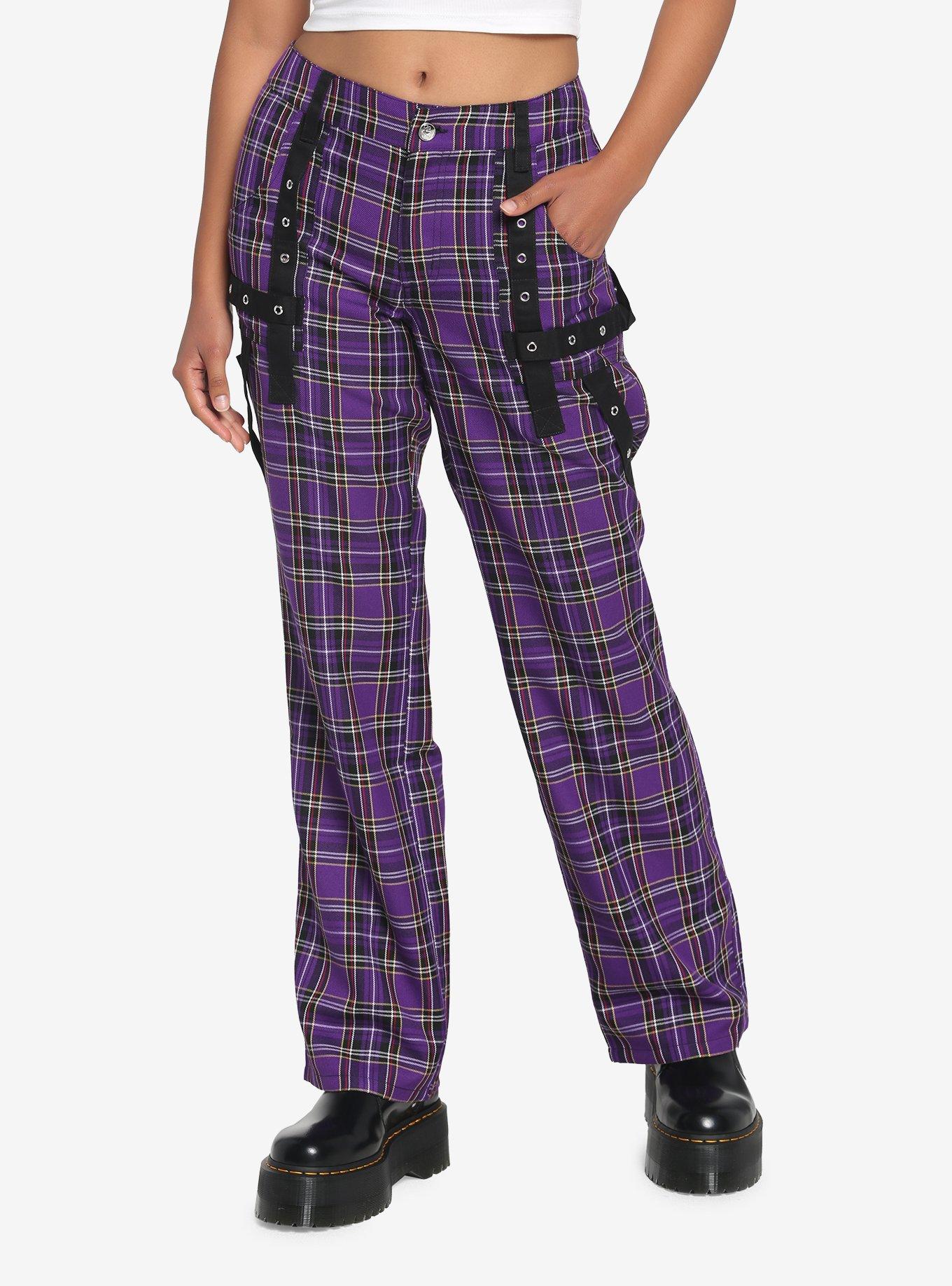 Purple Plaid Pants With Detachable Chain