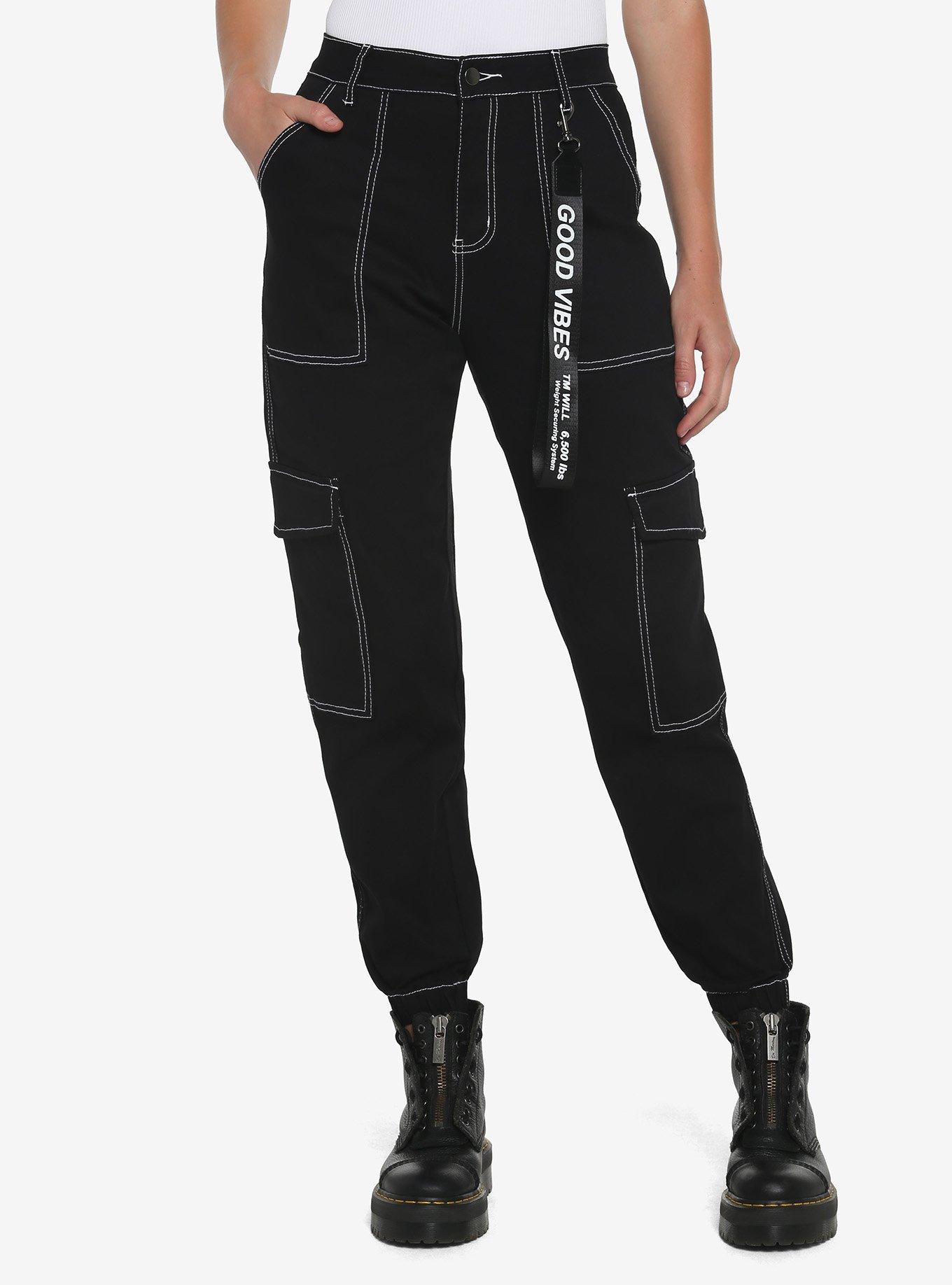 Black & White Stitch Cargo Jogger Pants, BLACK  WHITE, hi-res