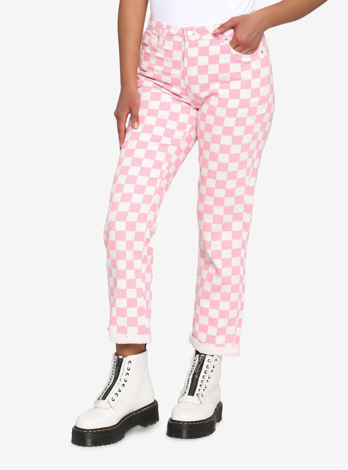 Pink and white checkered on sale pants