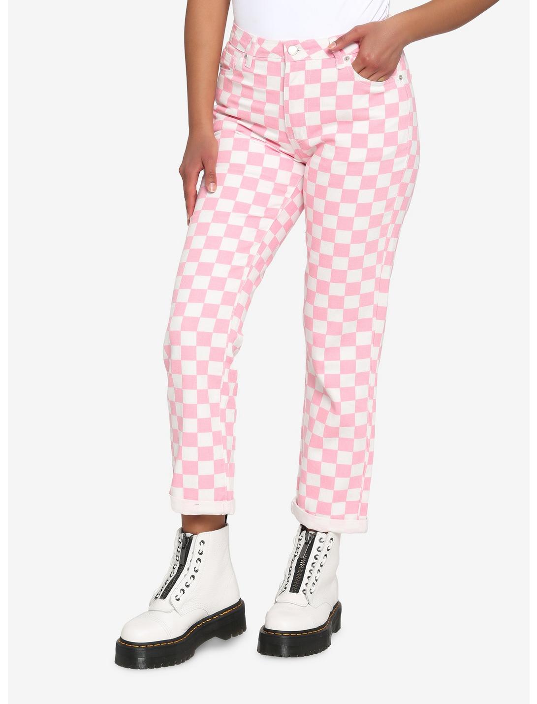 Pink & White Checkered Denim Pants, PINK  WHITE, hi-res