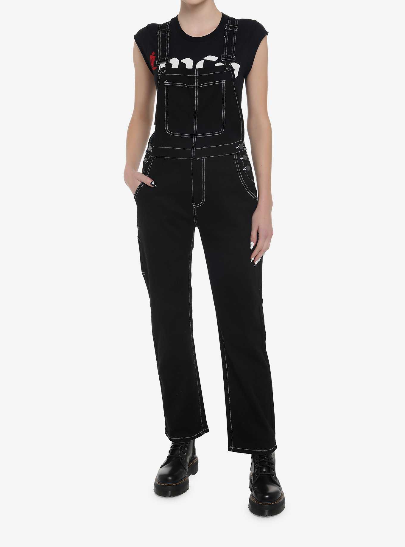 Black & White Contrast Stitch Girls Overalls, , hi-res