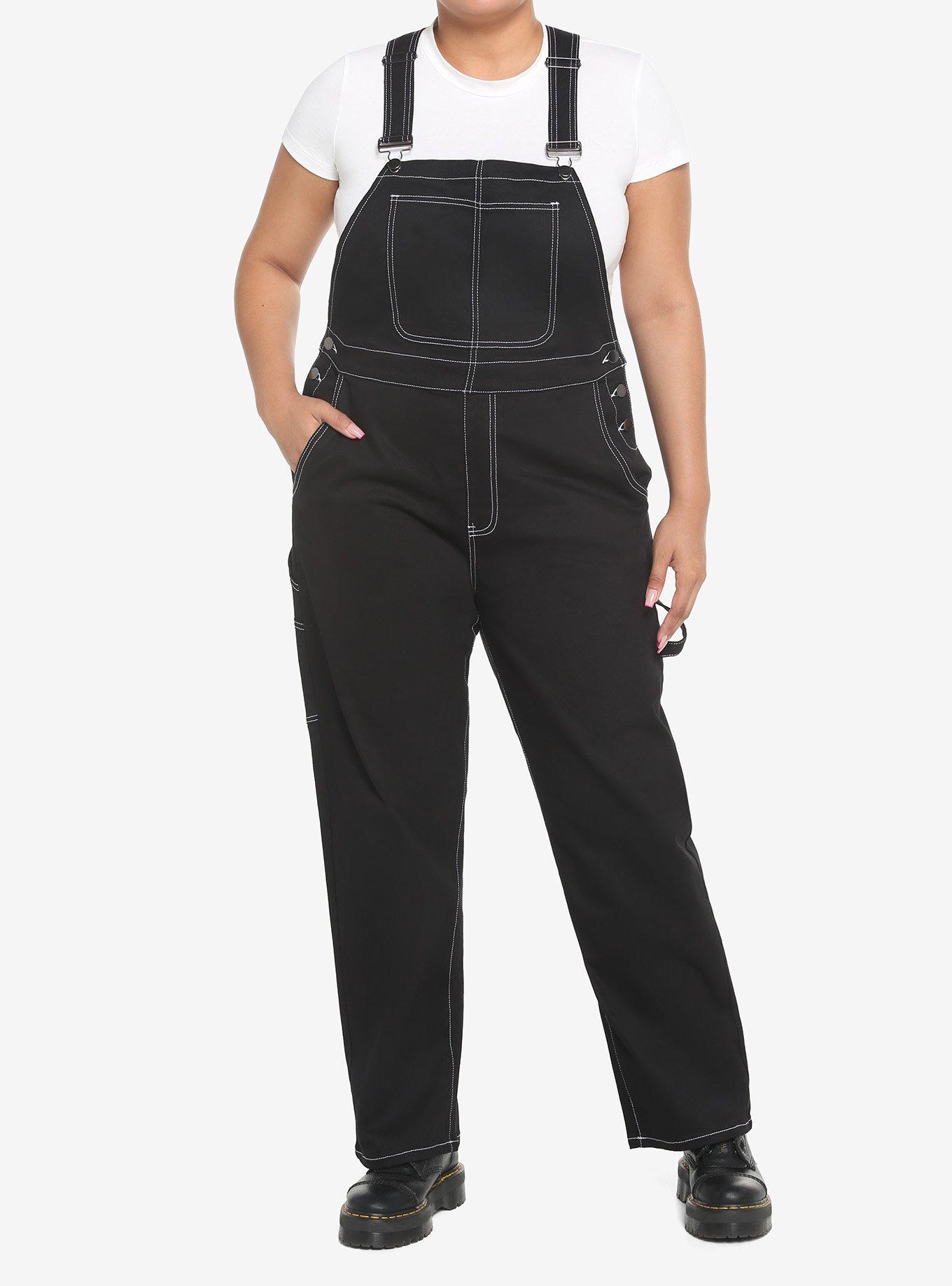 Black & White Contrast Stitch Overalls Plus Size, BLACK, hi-res