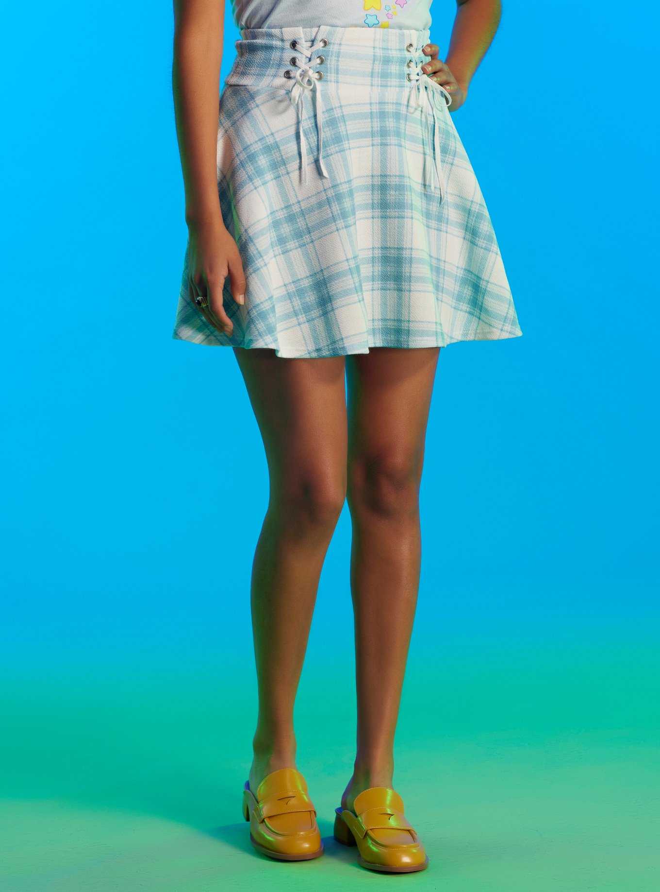 Blue & White Plaid Double Lace-Up Skirt, , hi-res