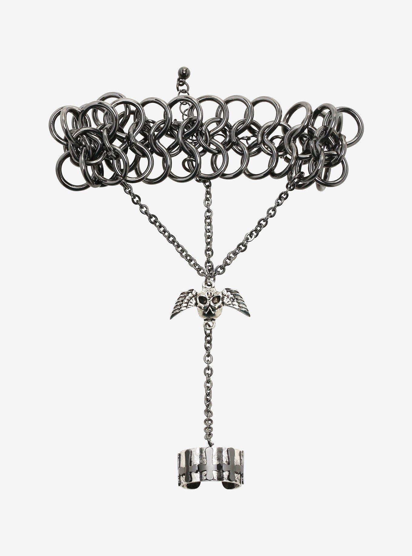Chain Winged Skull Cross Hand Ring Bracelet, , hi-res