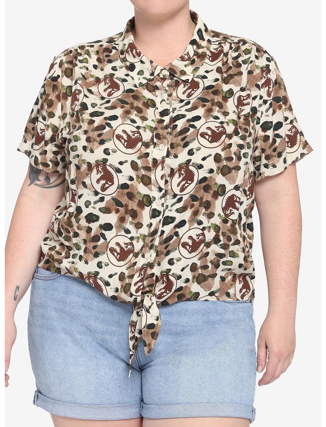 Her Universe Jurassic Park Camouflage Women's Plus Size Tie-Front Woven Top, MULTI, hi-res
