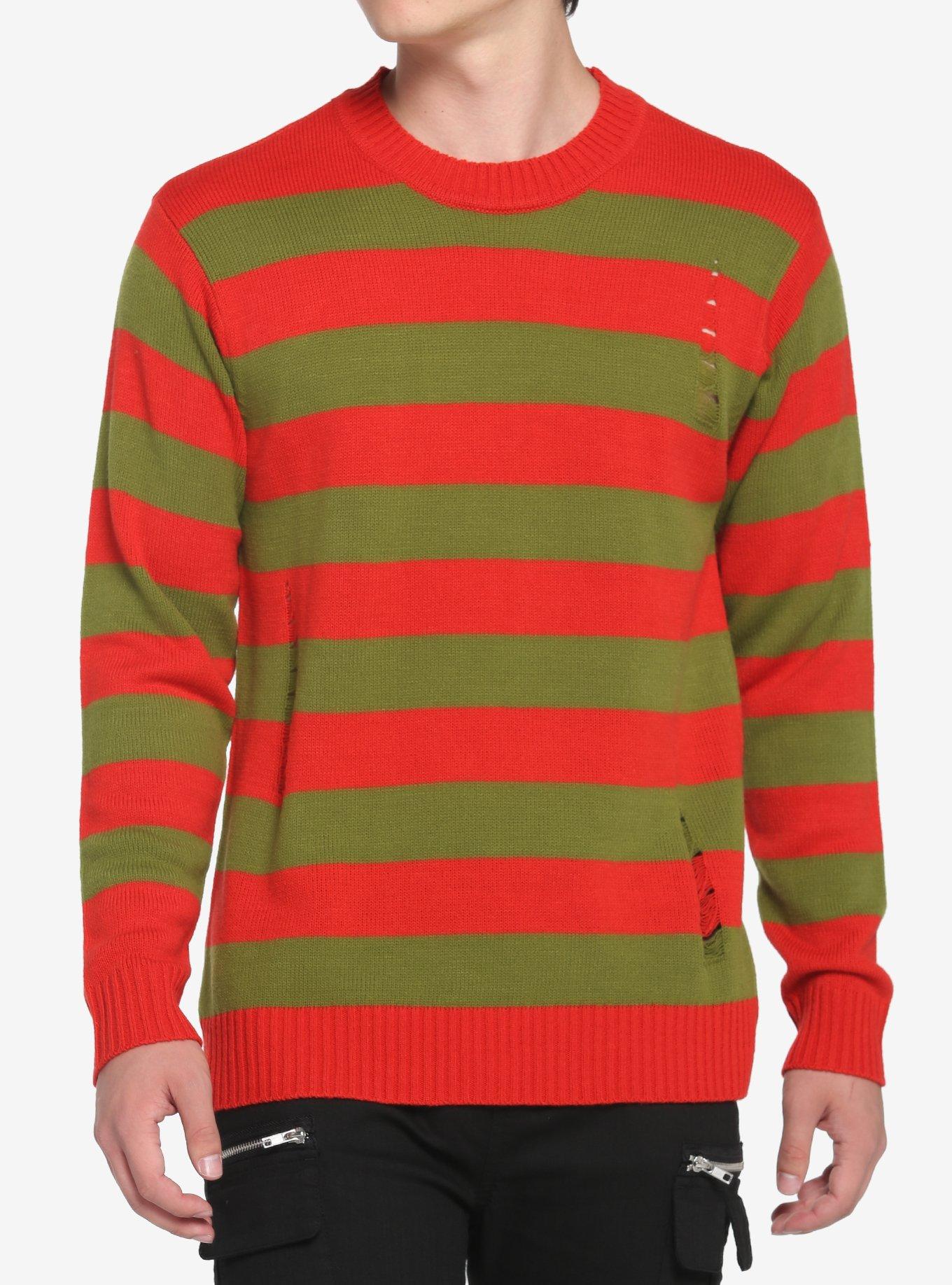 A Nightmare on Elm Street Freddy Kruger Long Sleeve Sweater, Red/Green  Striped, Assorted Sizes, Wearable Costume Accessory for Halloween