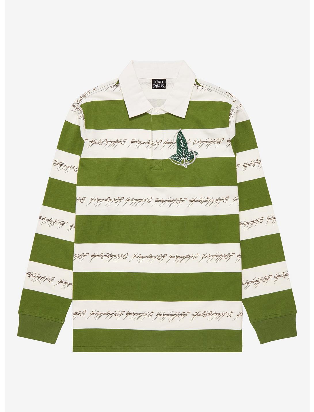 The Lord of the Rings Leaves of Lorien Ring Verse Striped Collared Long Sleeve T-Shirt - BoxLunch Exclusive, LIGHT GREEN, hi-res