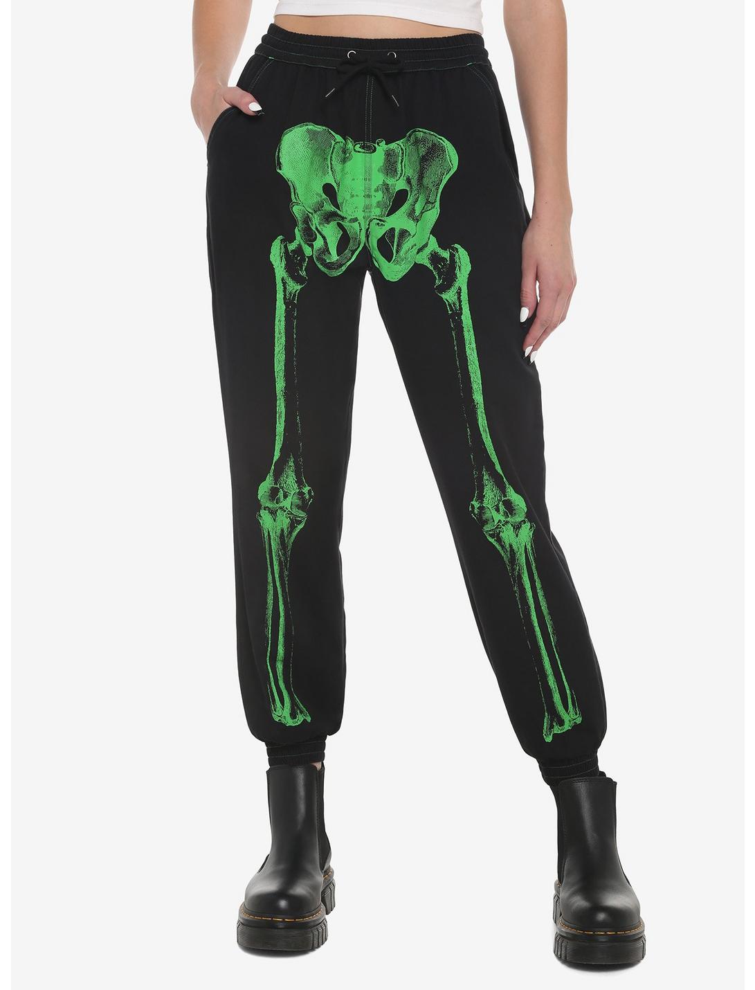 Green Skeleton Jogger Pants, BLACK  GREEN, hi-res