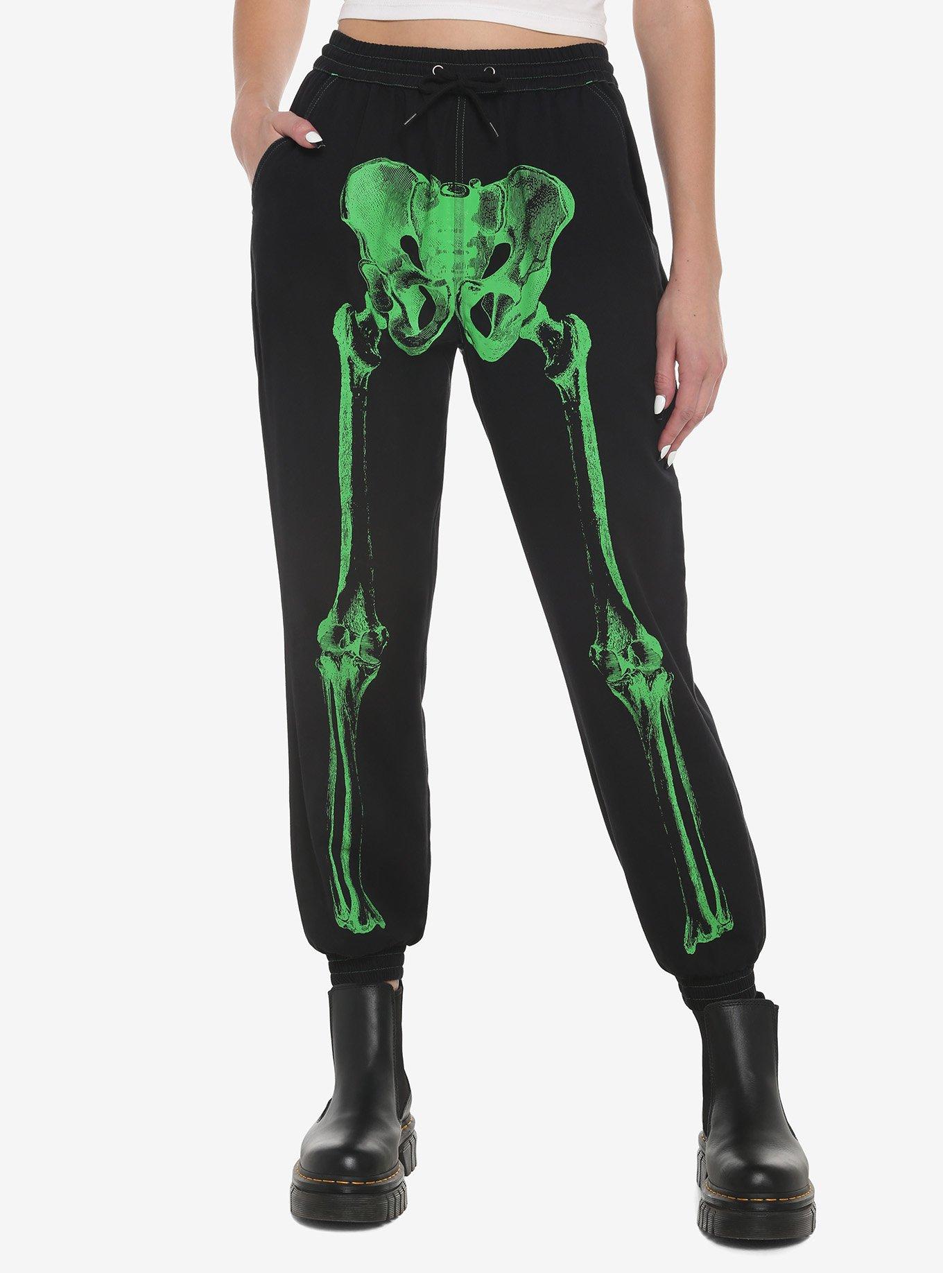 Green Skeleton Jogger Pants, BLACK  GREEN, hi-res