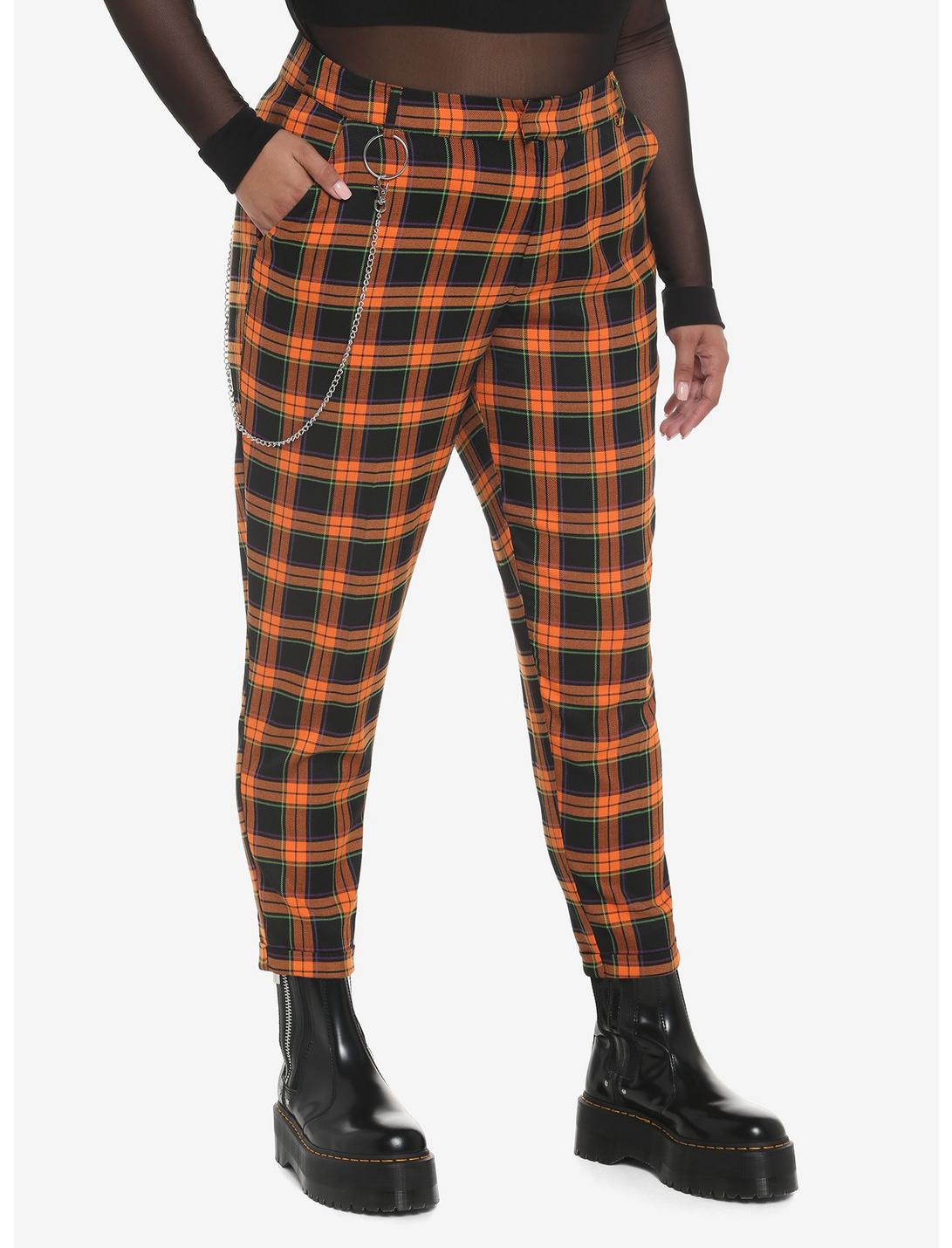 Orange Plaid Side Chain Pants Plus Size, ORANGE, hi-res