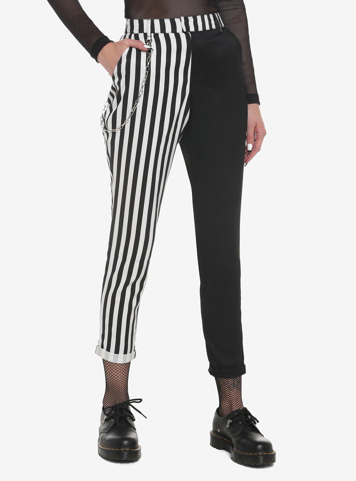 Black & White Stripe Split Chain Pants, BLACK  WHITE, hi-res