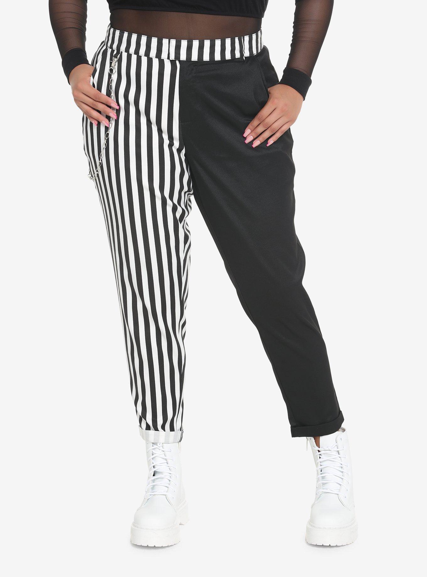 Black & White Stripe Split Chain Pants Plus Size, BLACK  WHITE, hi-res