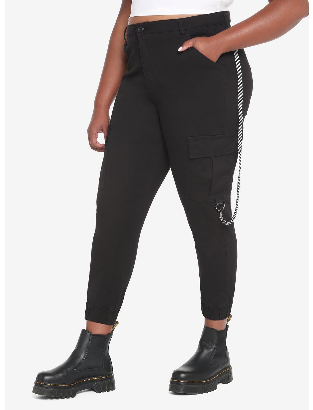 Black Stripe Suspender Jogger Pants Plus Size, BLACK, hi-res