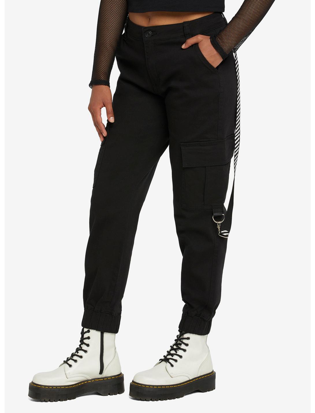 Black Stripe Suspender Jogger Pants, BLACK, hi-res