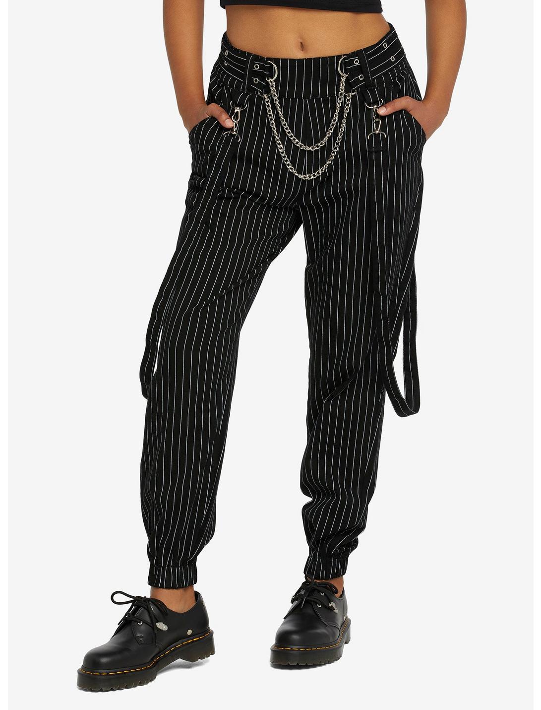 Black & White Pinstripe Suspender Jogger Pants, BLACK, hi-res
