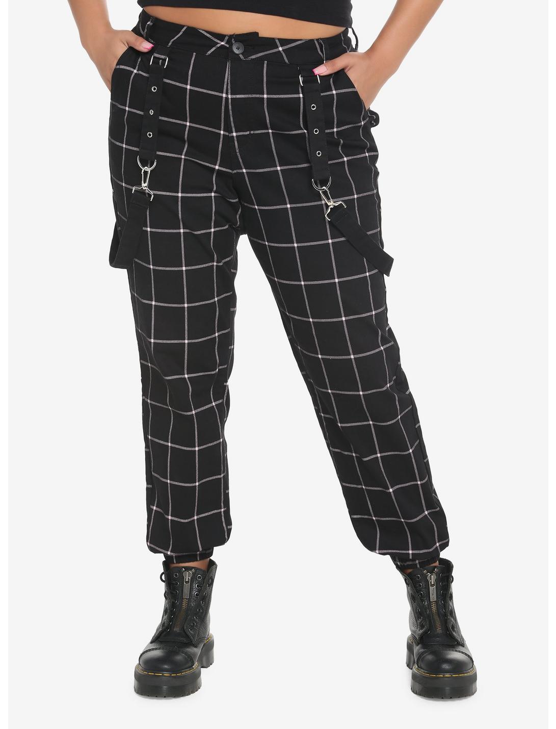 Black & Pink Grid Suspender Joggers Plus Size, BLACK  PINK, hi-res