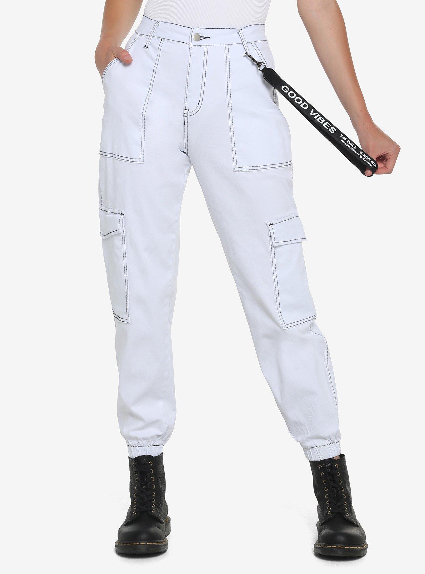 White & Black Stitch Cargo Jogger Pants, BLACK, hi-res