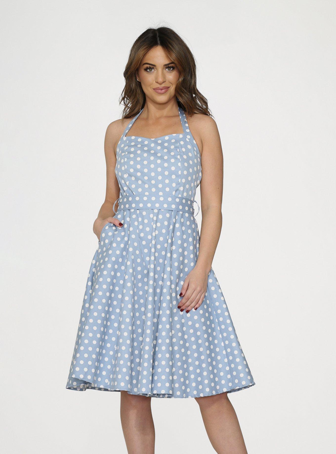 Light Blue White Polka Dot Halter Dress, LIGHT BLUE, hi-res