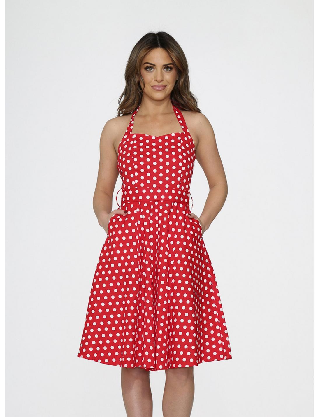 Red White Polka Dot Halter Dress, RED, hi-res