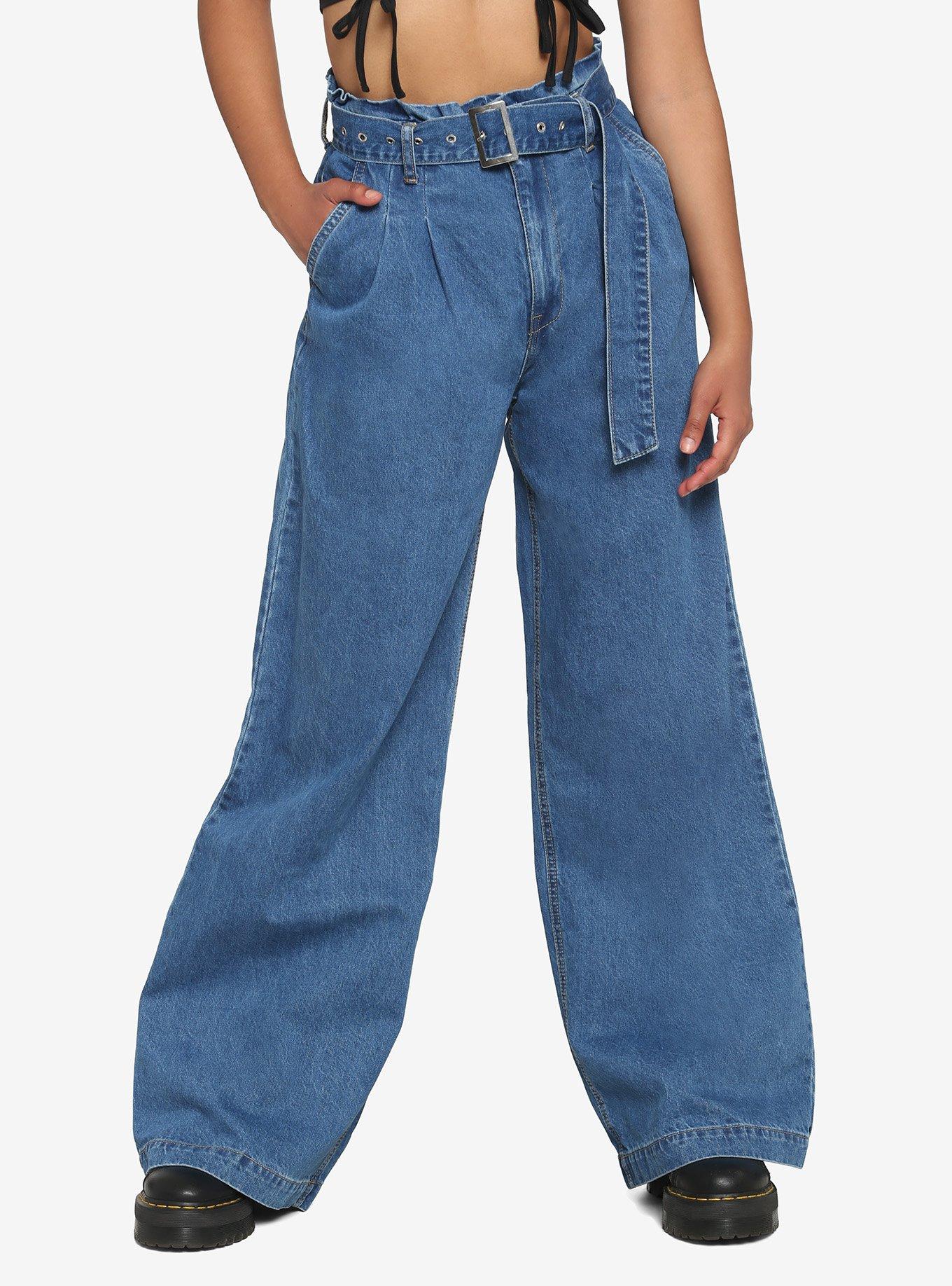 Wide Leg Grommet Belt High-Waisted Denim Pants | Hot Topic