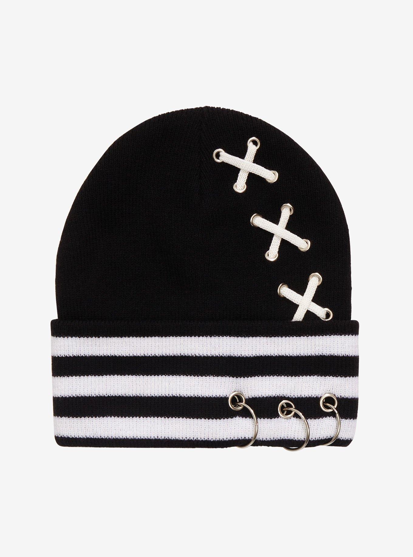 Black & White Stripe Lace-Up Beanie, , hi-res