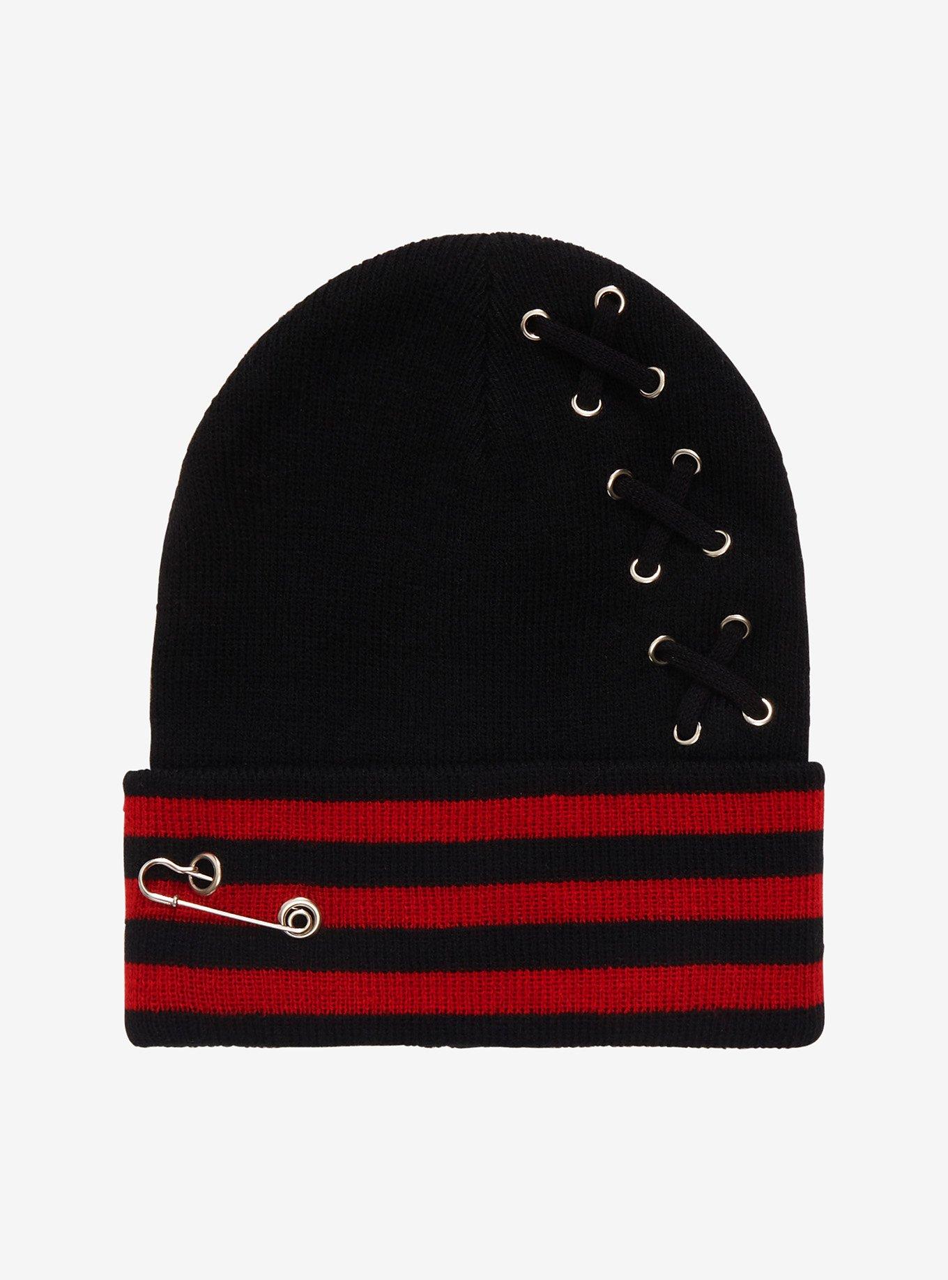 Black & Red Stripe Safety Pin Beanie Hot Topic