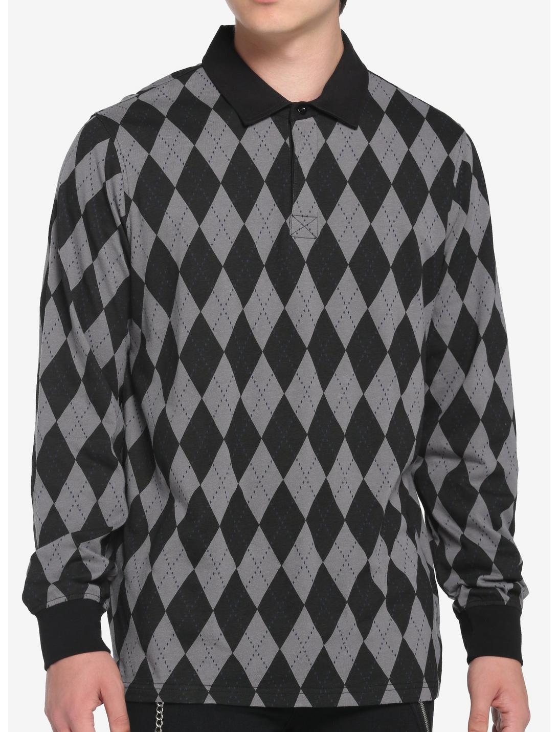 Black & Grey Argyle Long-Sleeve Polo Shirt, BLACK, hi-res