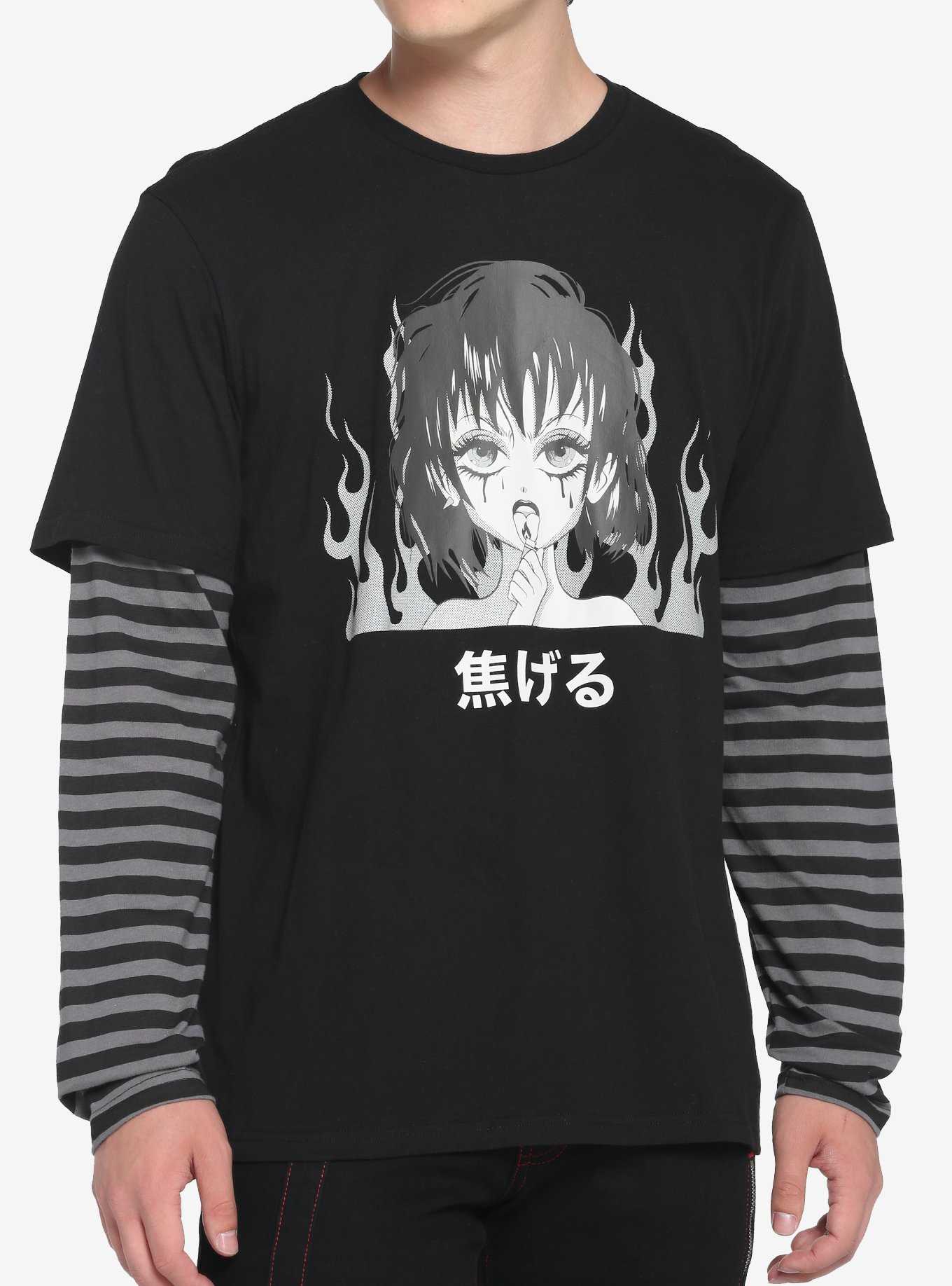 Black & Grey Stripe Anime Girl Twofer Long-Sleeve T-Shirt, , hi-res