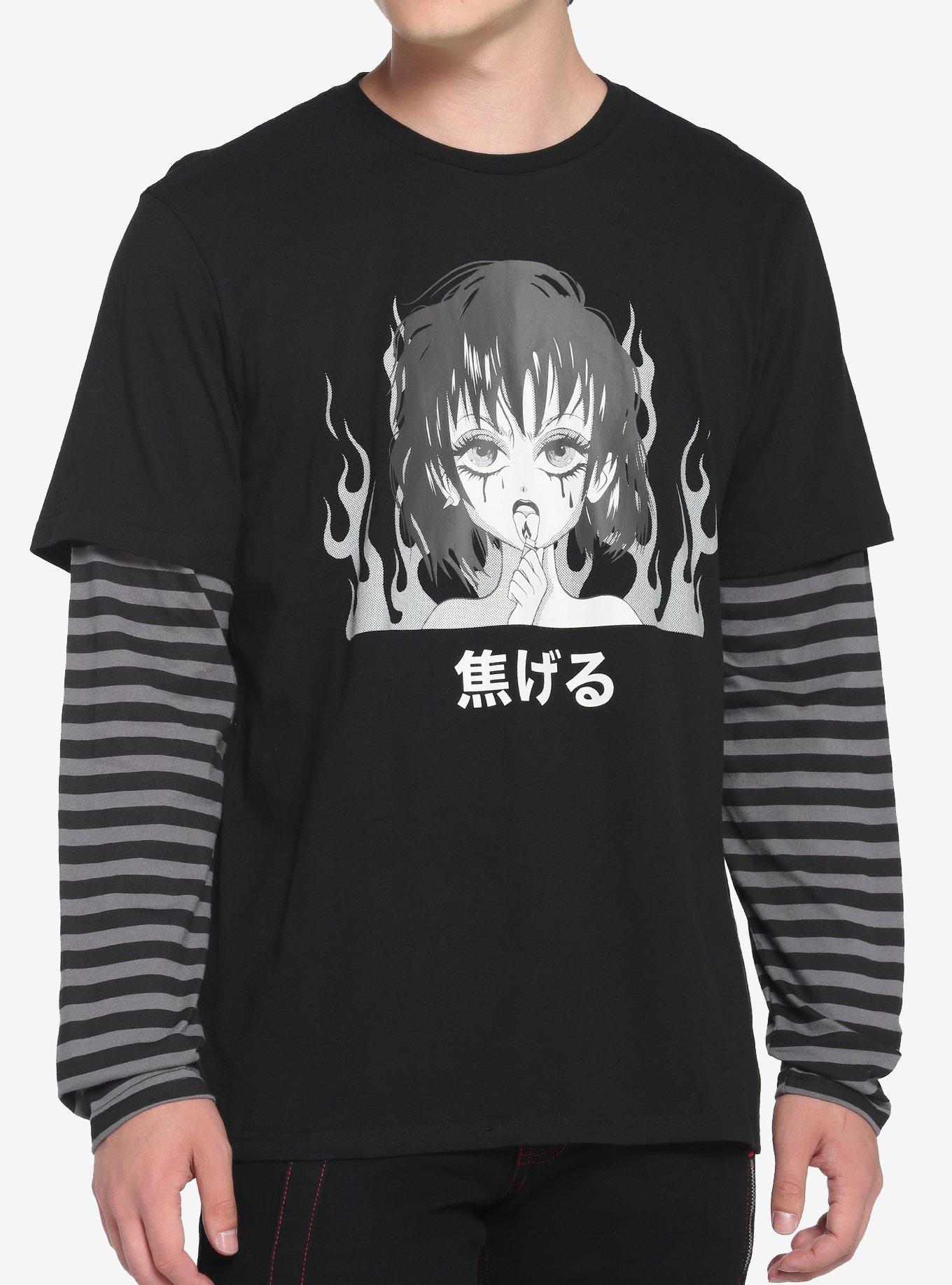 Black & Grey Stripe Anime Girl Twofer Long-Sleeve T-Shirt, , hi-res