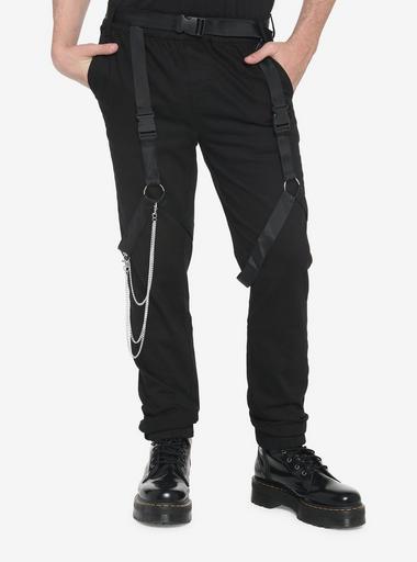 Hot Topic Black Denim Chain Cargo Jogger Pants