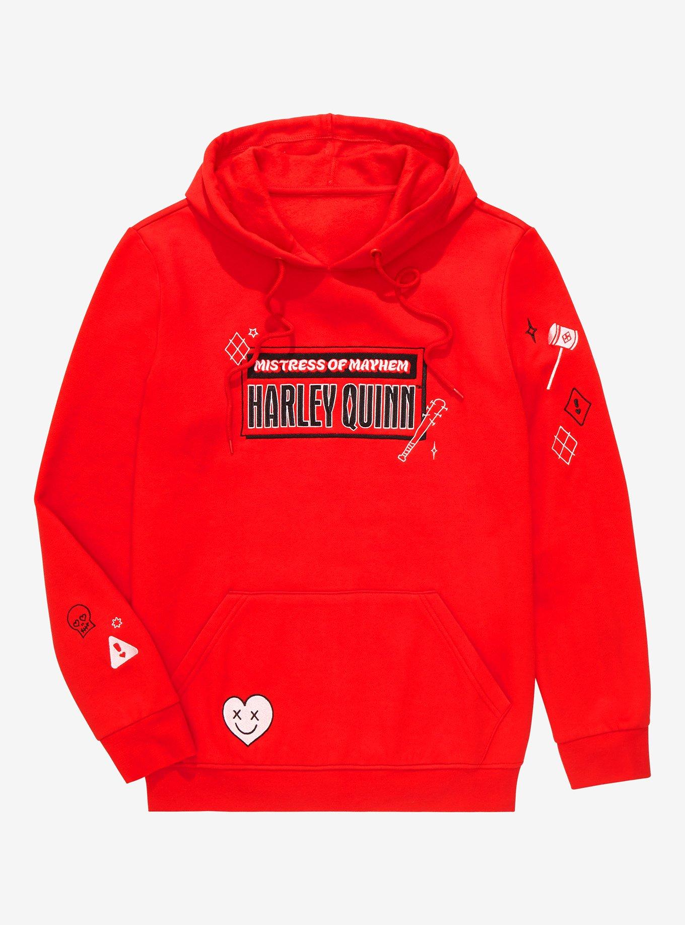 DC Comics Harley Quinn Mistress of Mayhem Embroidered Hoodie, RED, hi-res