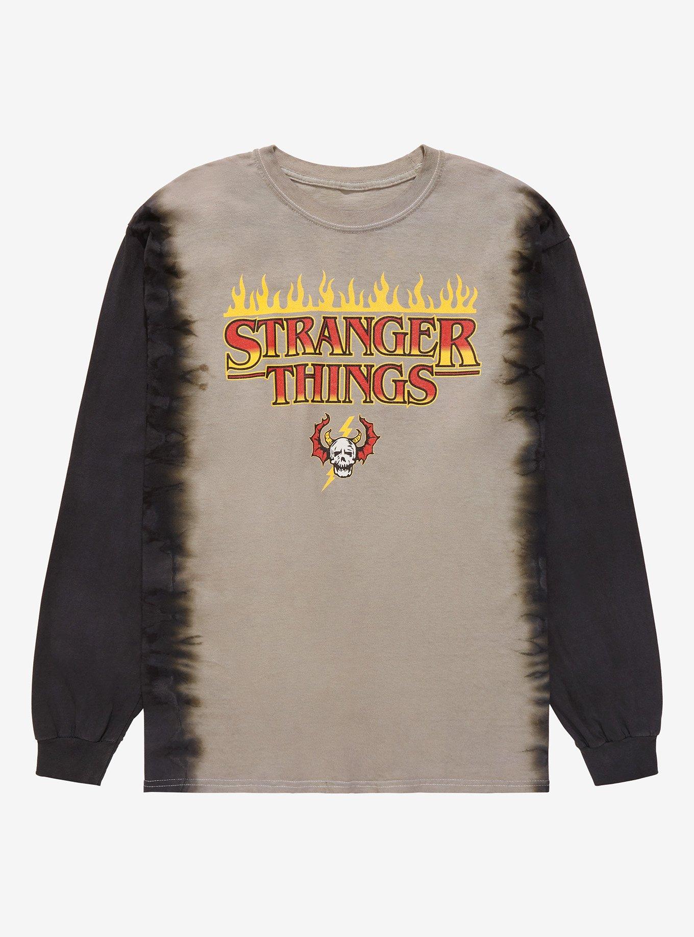 Stranger Things Flaming Logo Dip-Dye Long Sleeve T-Shirt - BoxLunch Exclusive, TIE DYE - GREY, hi-res
