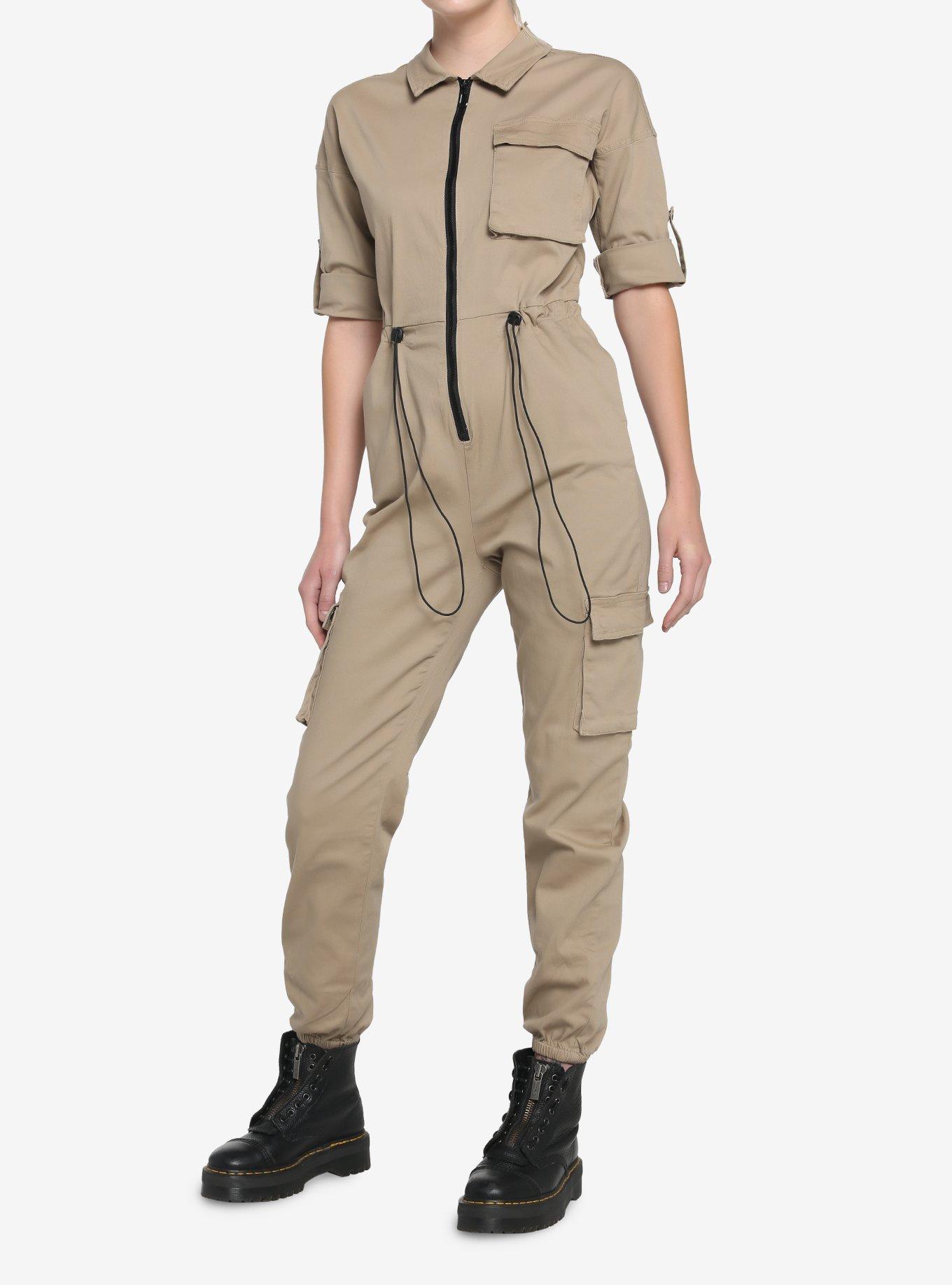 Tan Utility Pocket Jumpsuit, BROWN, hi-res