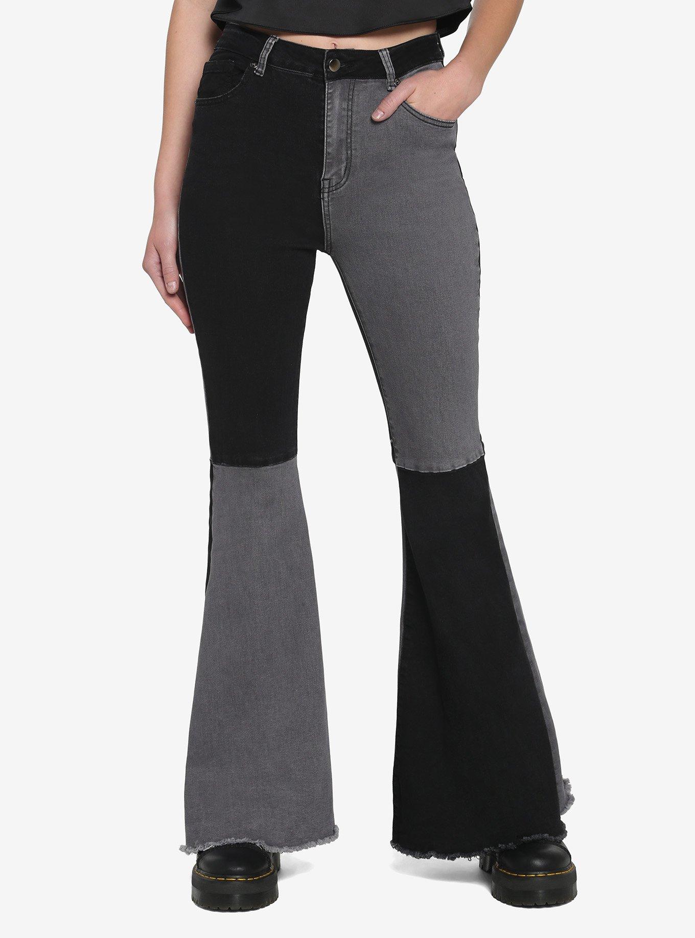 Black & Grey Patchwork Denim Flare Pants, BLACK, hi-res