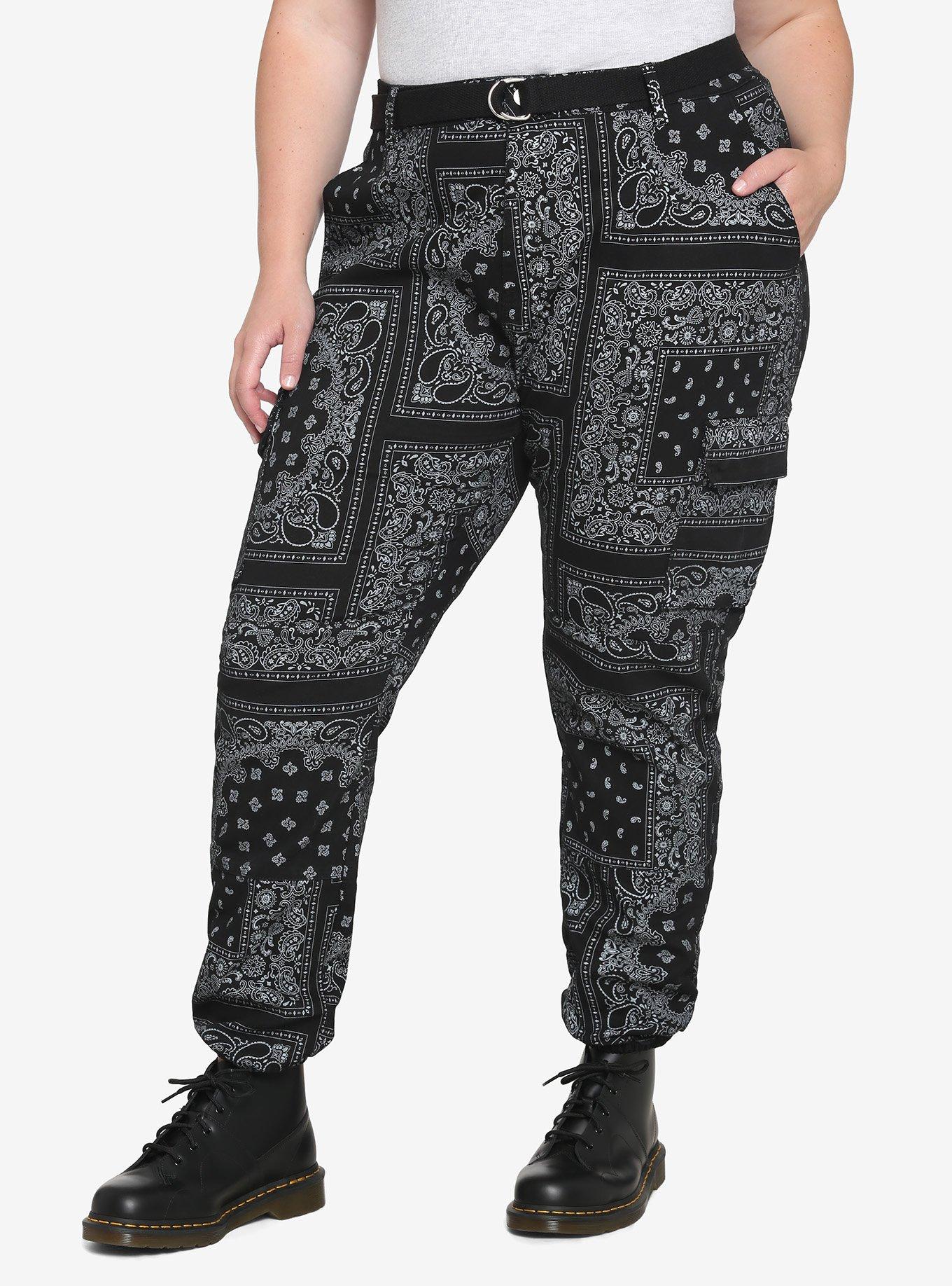 Black Paisley Jogger Pants Plus Size, BLACK, hi-res