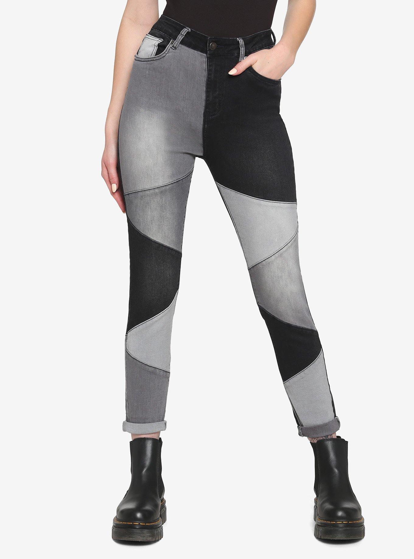 Black & Grey Patchwork Skinny Jeans, BLACK, hi-res