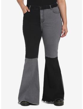 Black & Grey Patchwork Denim Flare Pants Plus Size, , hi-res