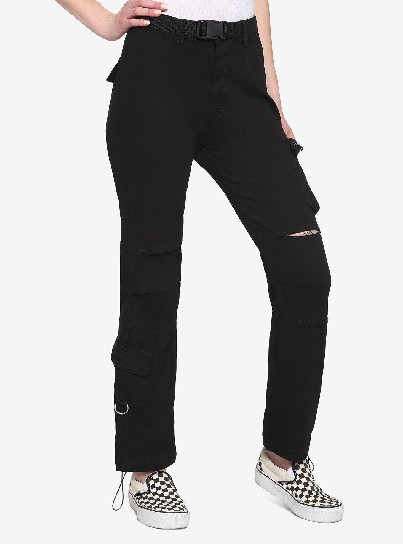 Black Buckle Belt Straight Leg Cargo Pants, BLACK, hi-res